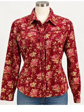 Vintage Miss Lee Approx XLarge Corduroy Button Up Shirt Pink Floral Western 90s